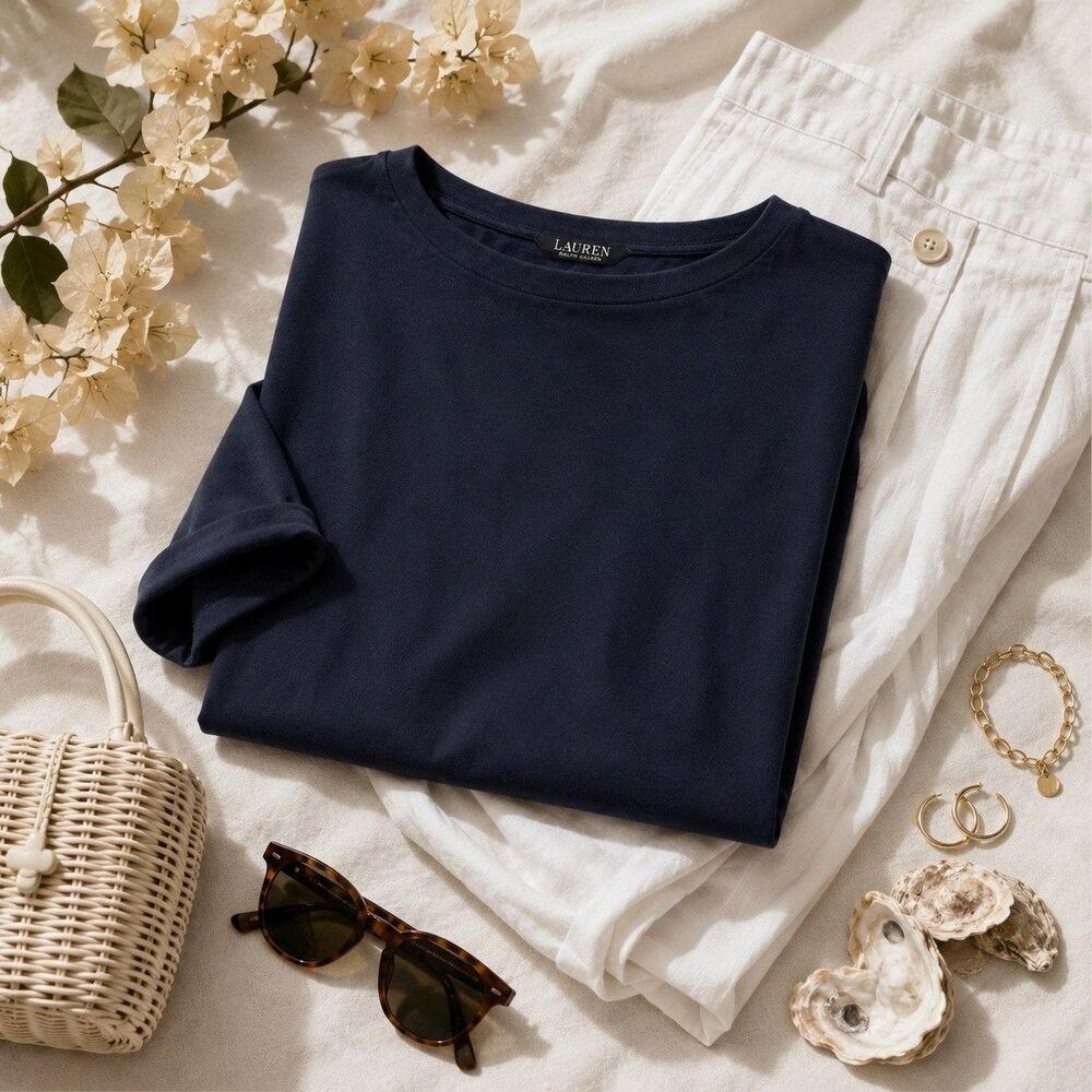 Lauren Ralph Lauren Navy Blue Tee Shirt 3X Plus Size Rolled Sleeve Top